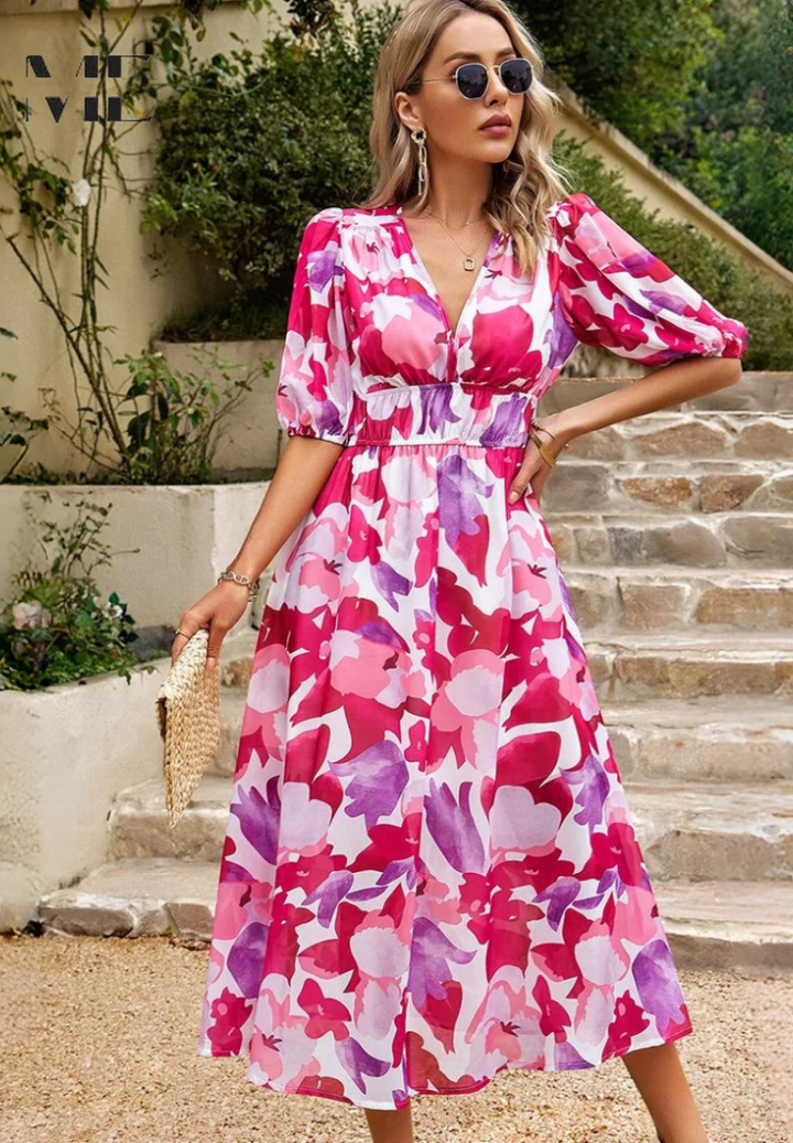 Ava | Women Colorful Floral V Neck Midi Dress