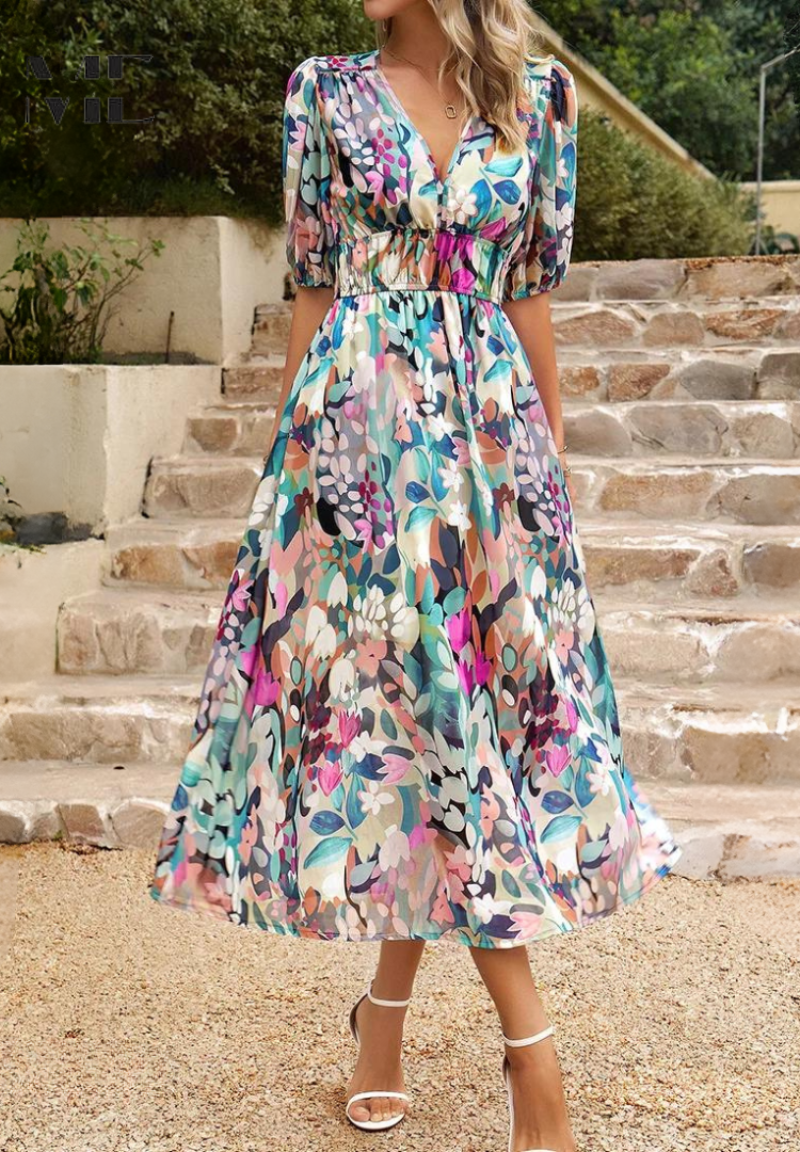Ava | Women Colorful Floral V Neck Midi Dress