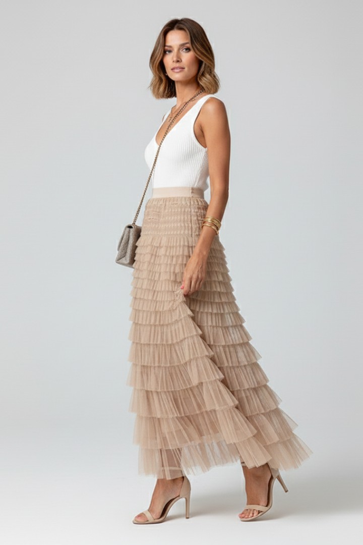 Daisy | Women’s Layered Tulle Midi Skirt with Elastic Waist