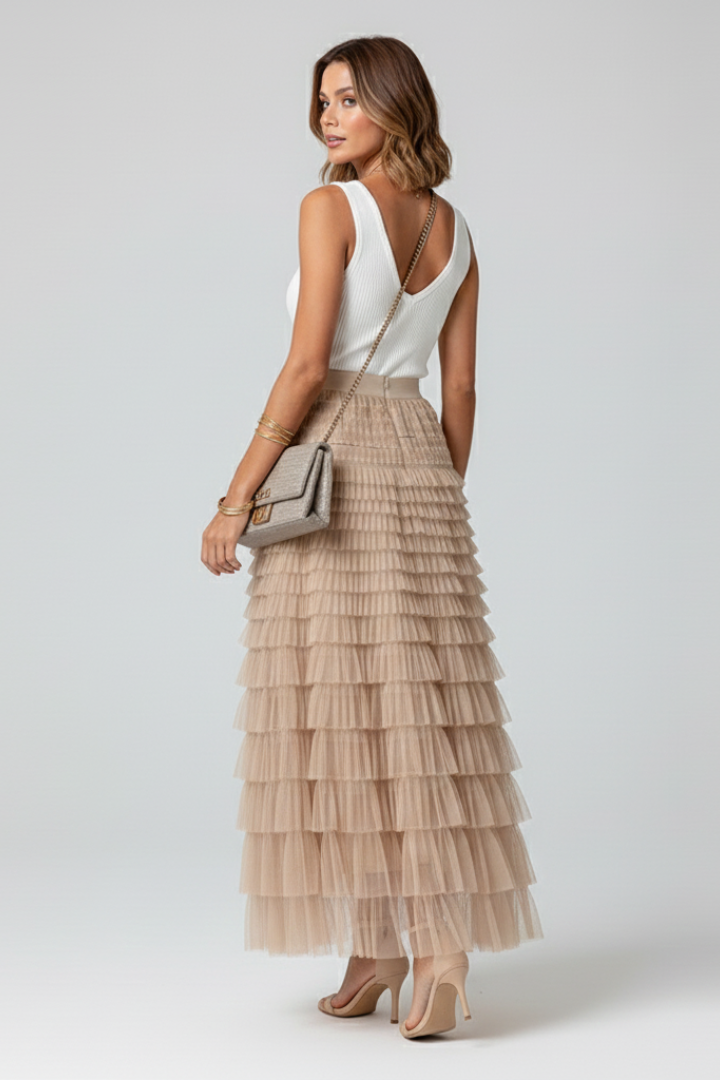 Daisy | Women’s Layered Tulle Midi Skirt with Elastic Waist