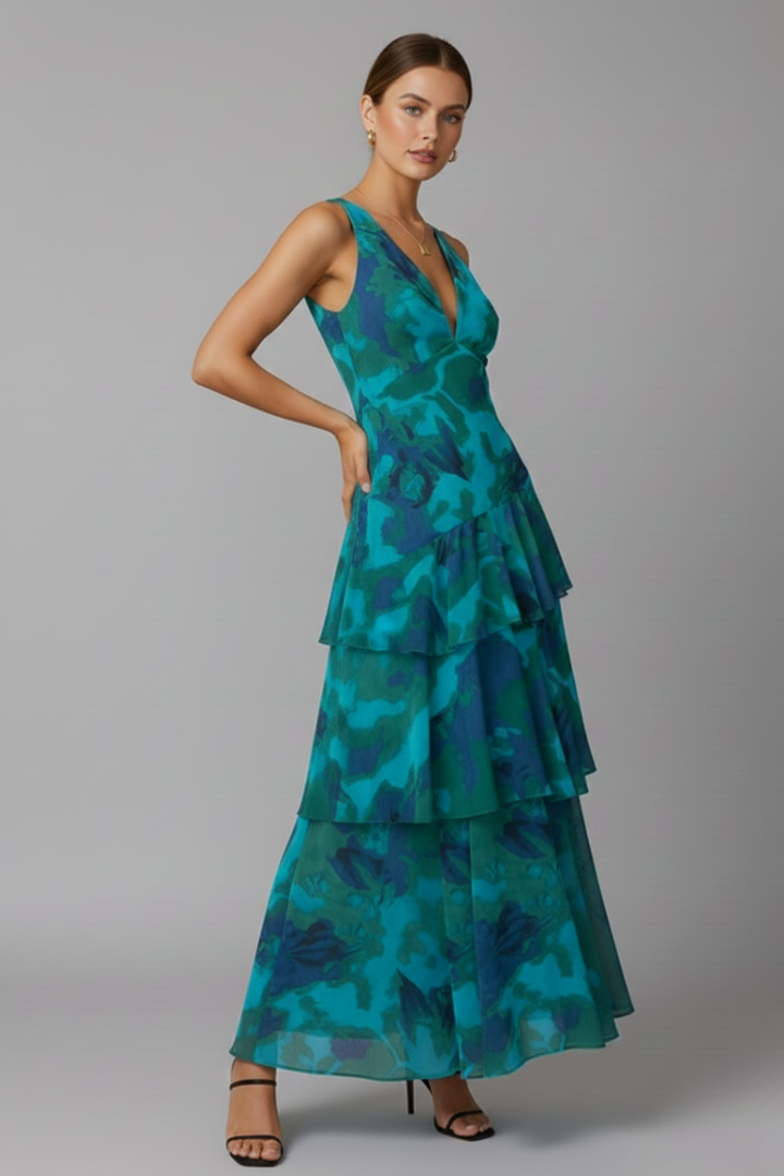 Sophie | Women’s V-Neck Tiered Skirt Maxi Dress