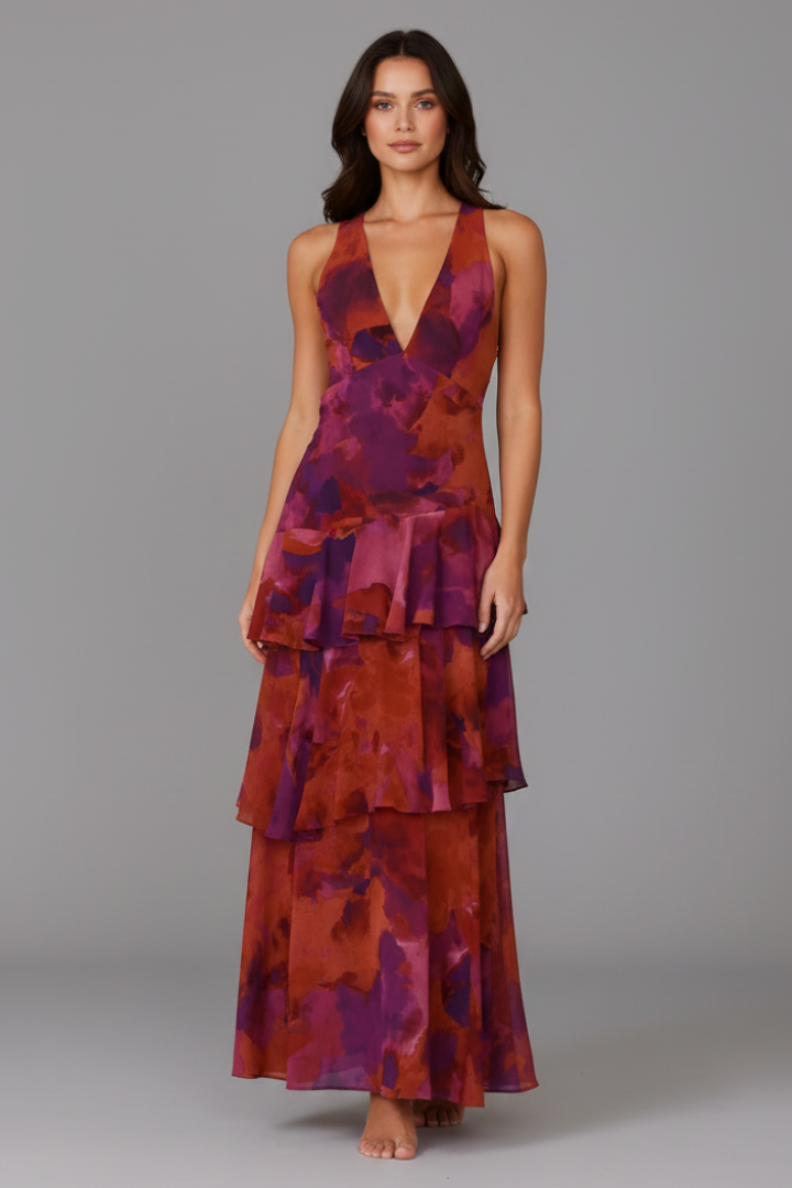 Sophie | Women’s V-Neck Tiered Skirt Maxi Dress
