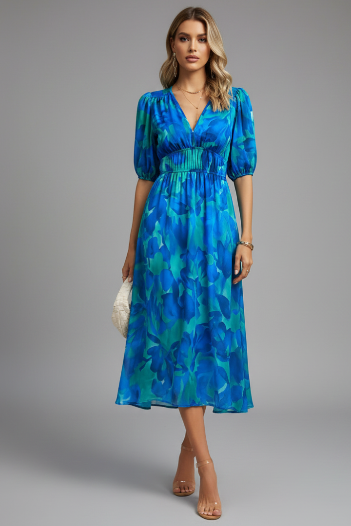 Margaret | Women’s Floral Puff Sleeve V-Neck Midi Dress