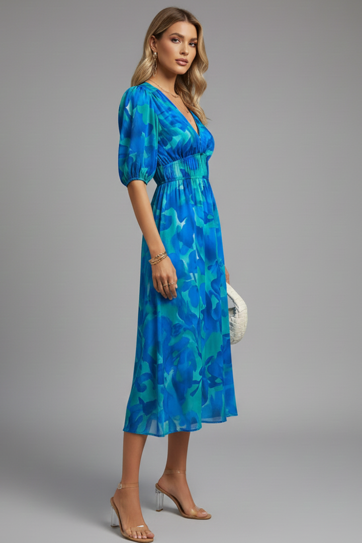 Margaret | Women’s Floral Puff Sleeve V-Neck Midi Dress