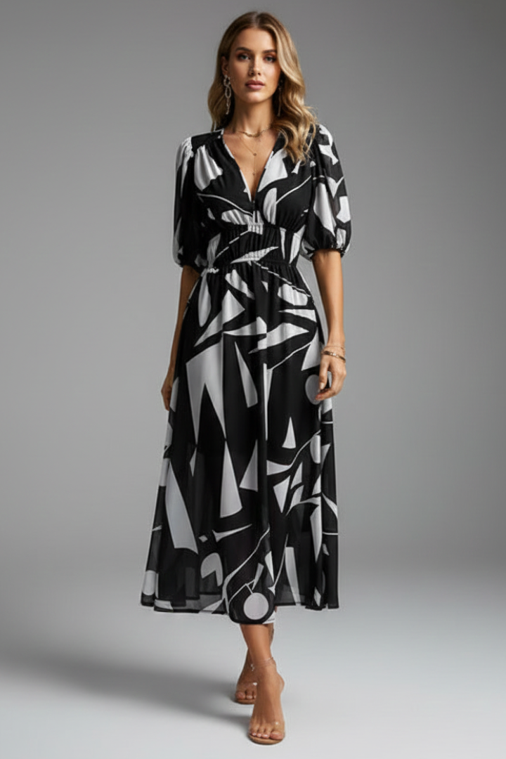 Margaret | Women’s Floral Puff Sleeve V-Neck Midi Dress