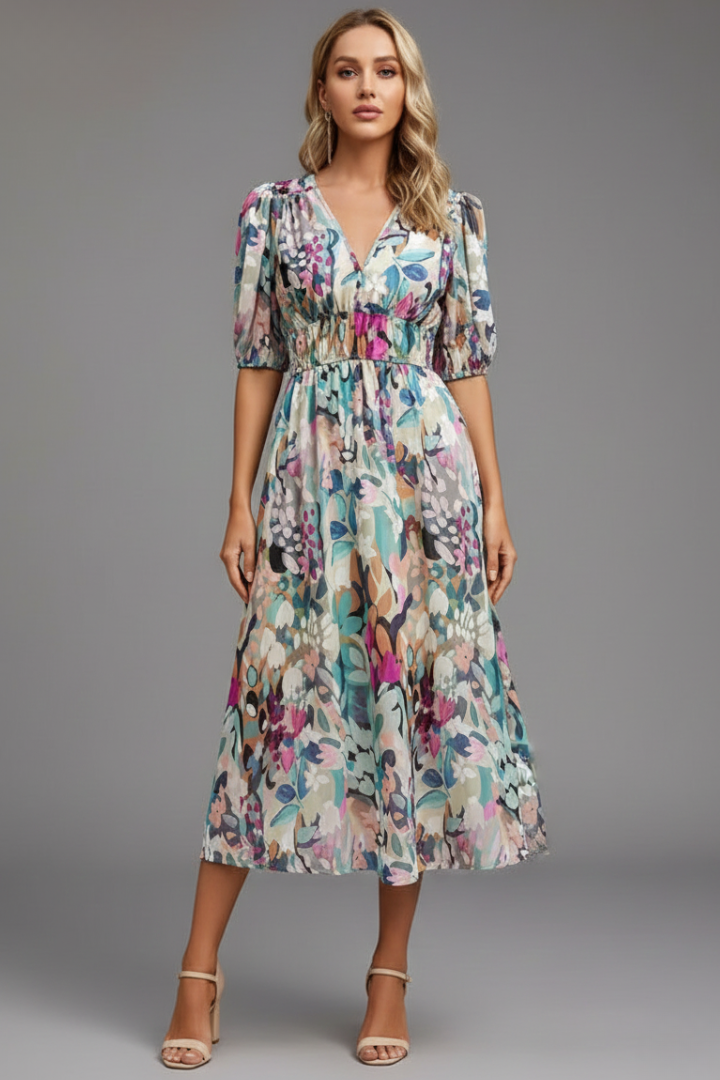 Margaret | Women’s Floral Puff Sleeve V-Neck Midi Dress