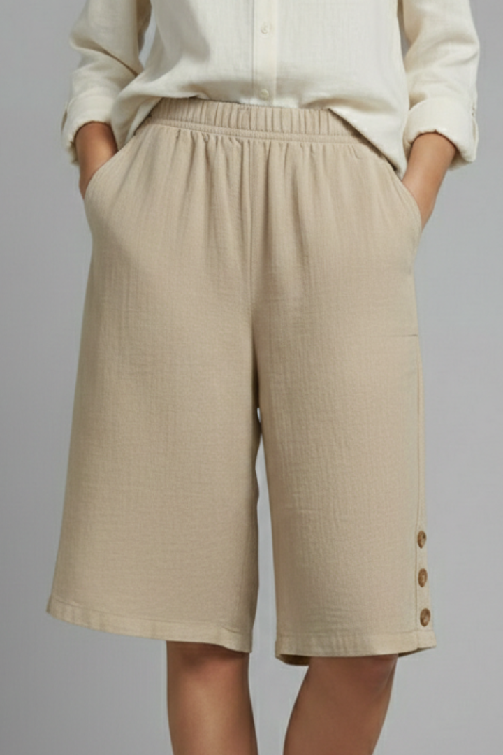 Esme | Women’s Elastic Waist Wide Leg Button Shorts