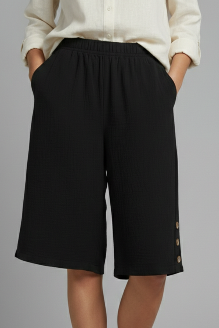 Esme | Women’s Elastic Waist Wide Leg Button Shorts