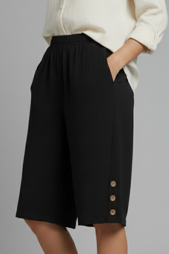 Esme | Women’s Elastic Waist Wide Leg Button Shorts