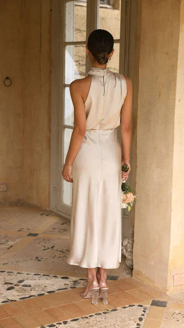 Damien | Women’s Elegant Halter Midi Dress Draped Neckline