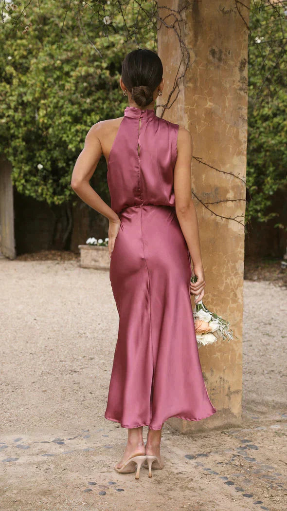 Damien | Women’s Elegant Halter Midi Dress Draped Neckline