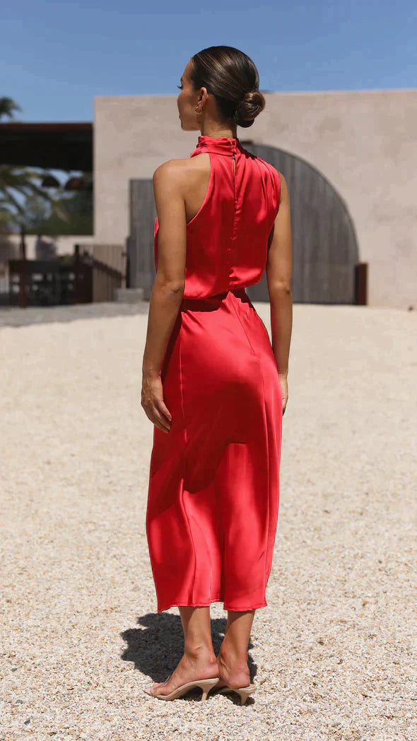 Damien | Women’s Elegant Halter Midi Dress Draped Neckline
