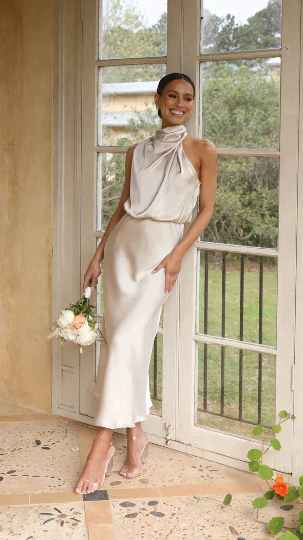 Damien | Women’s Elegant Halter Midi Dress Draped Neckline