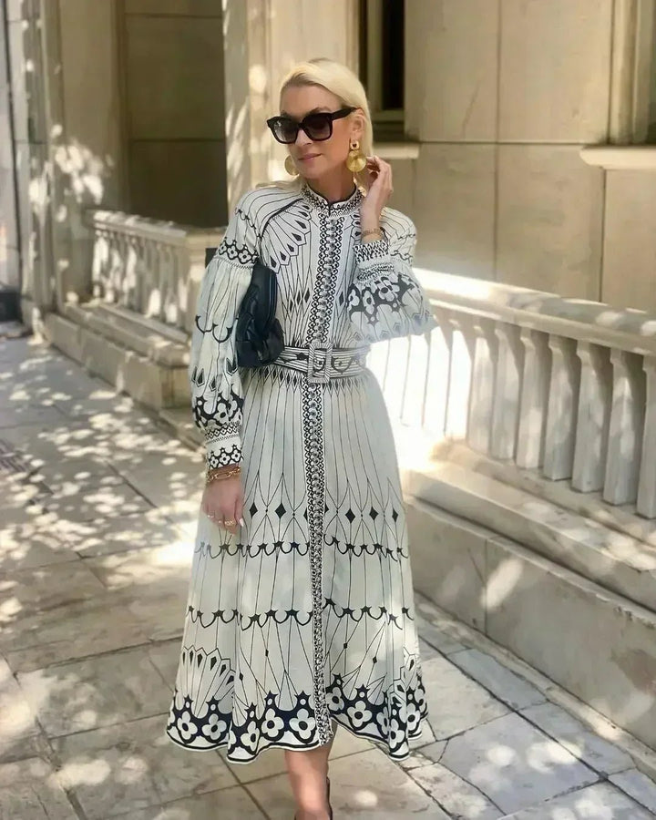 Mia | A-Line Midi Dress Long Sleeve Printed Bohemian