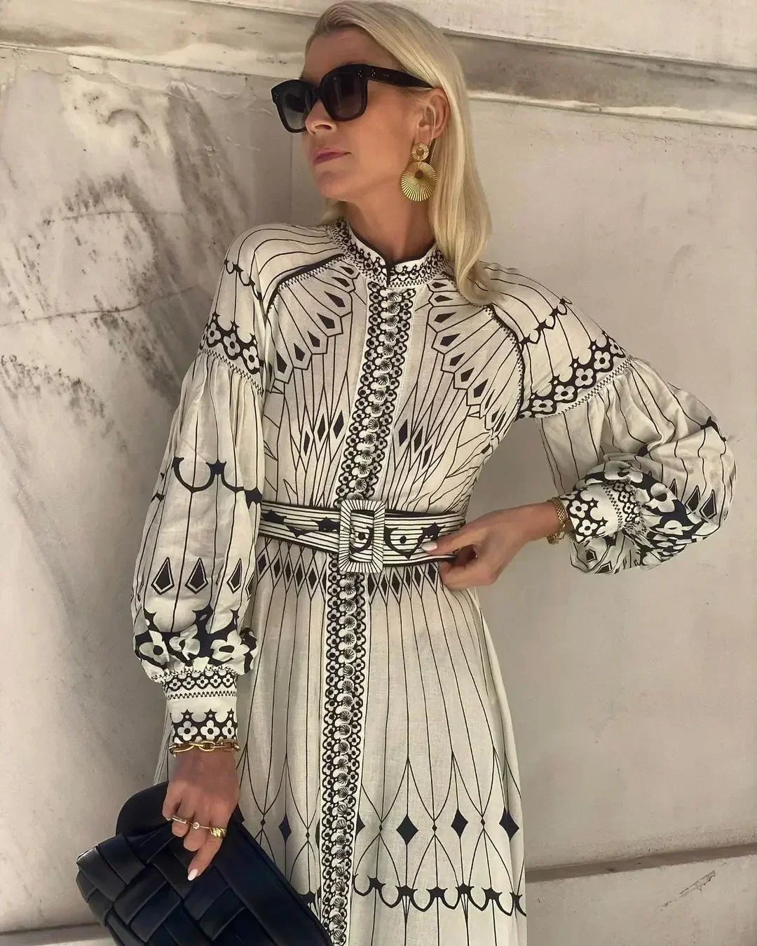 Mia | A-Line Midi Dress Long Sleeve Printed Bohemian