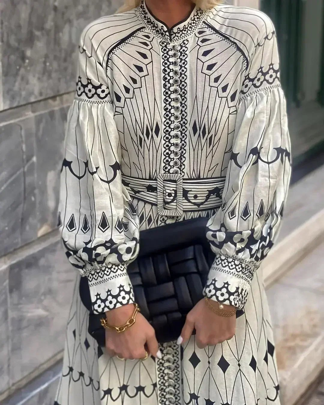 Mia | A-Line Midi Dress Long Sleeve Printed Bohemian