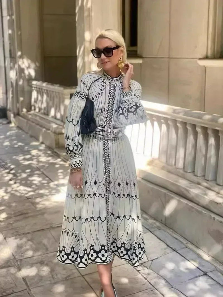 Mia | A-Line Midi Dress Long Sleeve Printed Bohemian