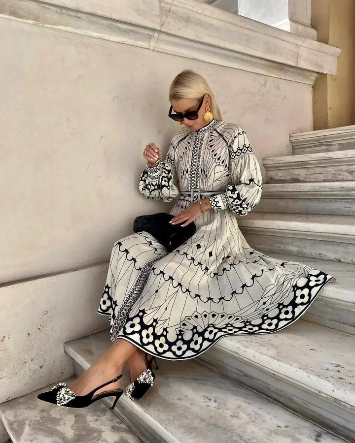 Mia | A-Line Midi Dress Long Sleeve Printed Bohemian
