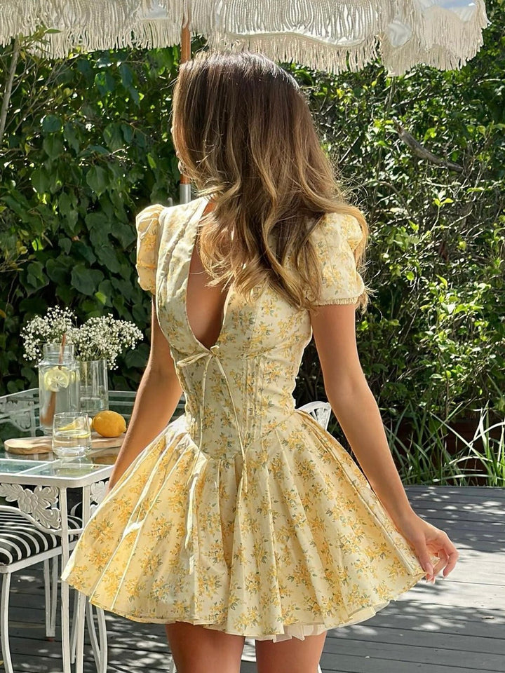 Lily | A-Line Mini Dress Floral Puff Sleeve Open Back Square Neck