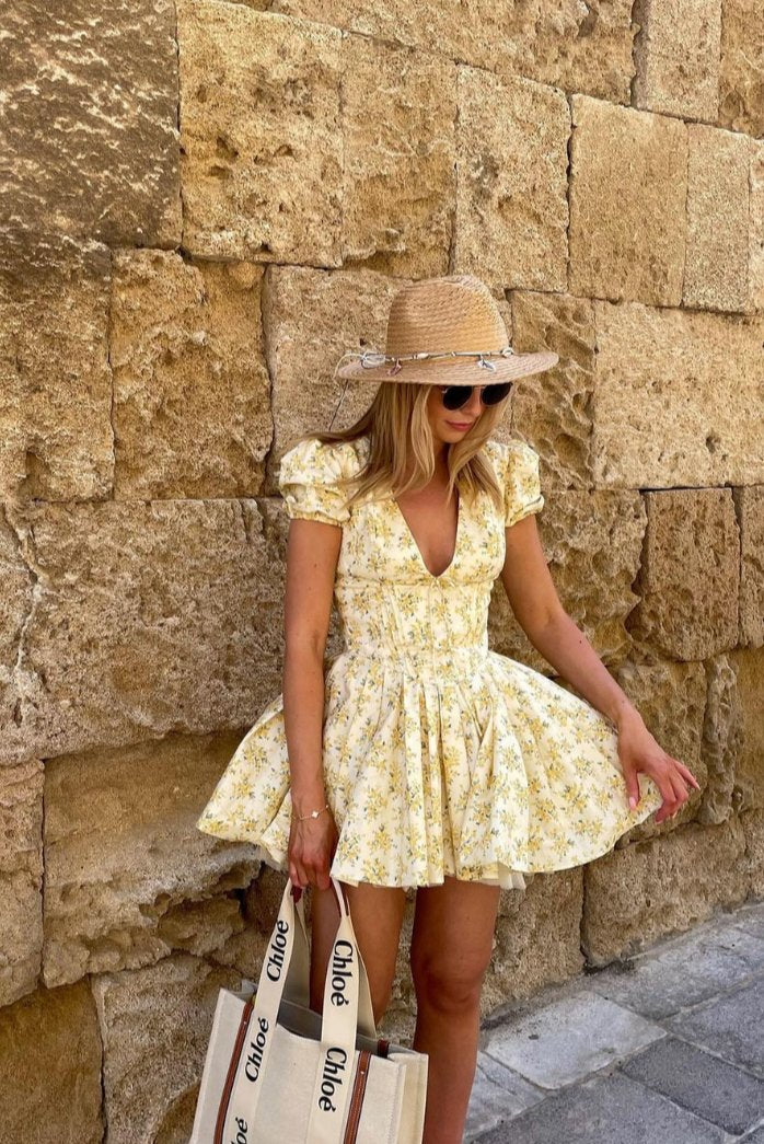 Lily | A-Line Mini Dress Floral Puff Sleeve Open Back Square Neck