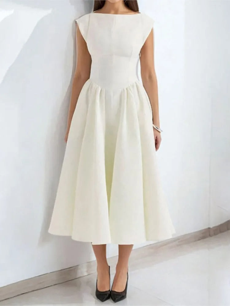 Mia | Women's Bateau-Neck Cap-Sleeve Full-Skirt Satin Midi Dress