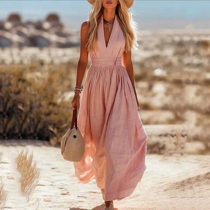 Ava | Women's Boho Cotton-Linen Halter Maxi Dress