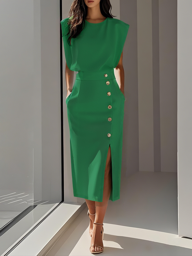 Audrey | Women’s Button Detail Sleeveless Midi Dress
