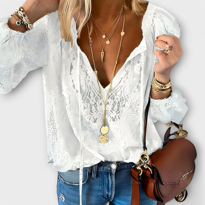 Phoebe | Boho Lace Blouse Deep V-Neck Long Sleeve White Top