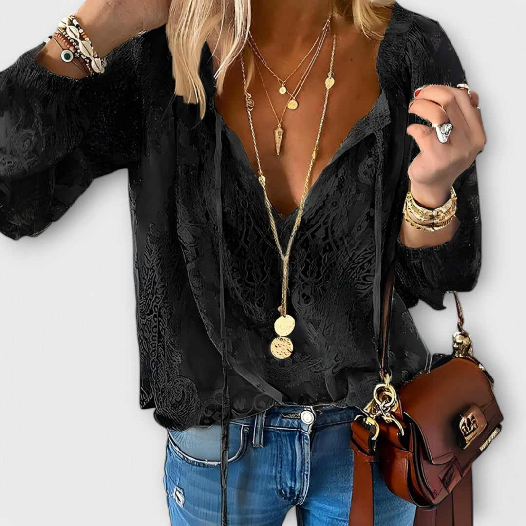 Phoebe | Boho Lace Blouse Deep V-Neck Long Sleeve White Top