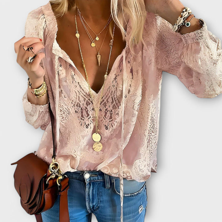 Phoebe | Boho Lace Blouse Deep V-Neck Long Sleeve White Top
