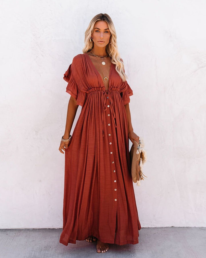 Florence | Boho Maxi Dress Deep V-Neck Button Front Ruffled Sleeves