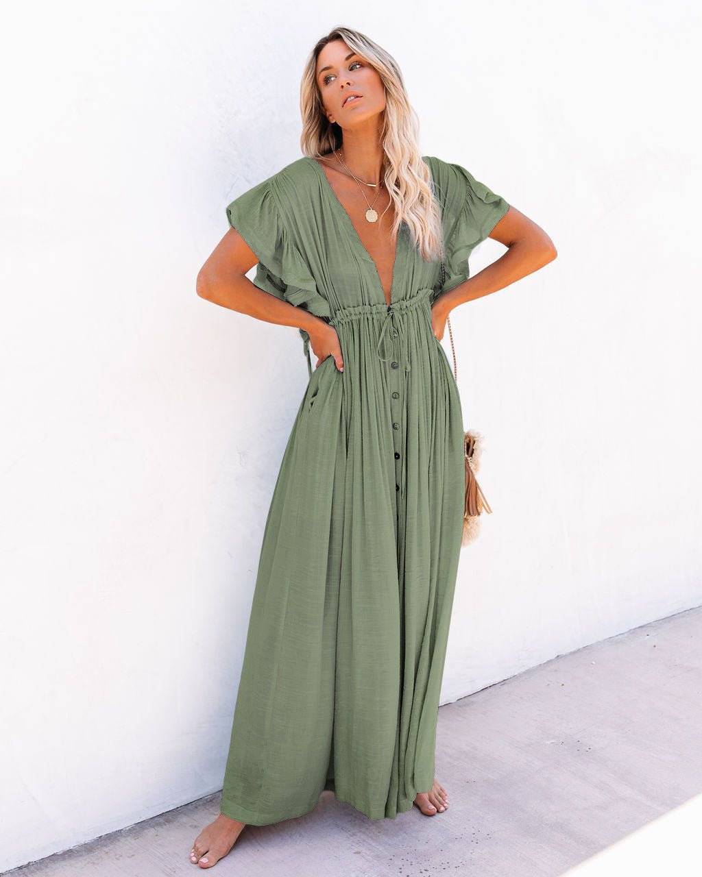 Florence | Boho Maxi Dress Deep V-Neck Button Front Ruffled Sleeves