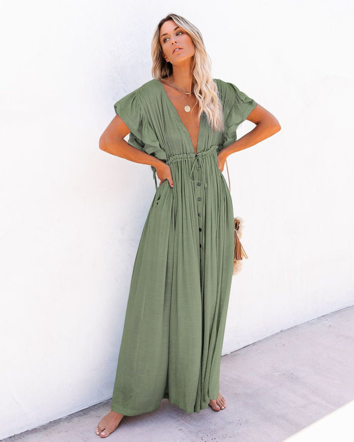 Florence | Boho Maxi Dress Deep V-Neck Button Front Ruffled Sleeves