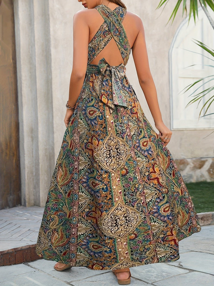 Olivia | Boho Maxi Dress Halter Neck Paisley Print Sleeveless