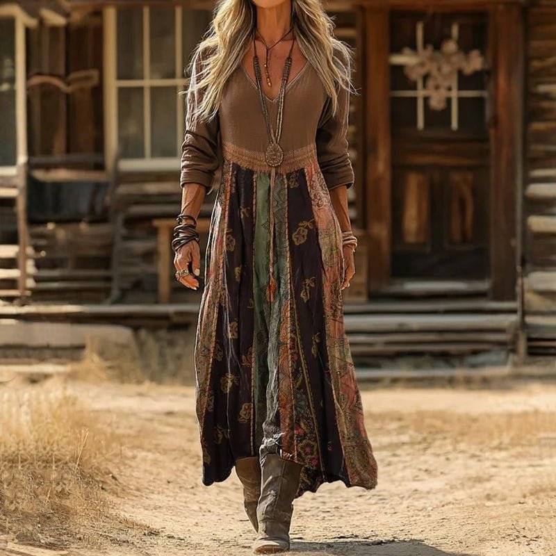 Sophie | Boho Maxi Dress Long Sleeve V-Neck Patchwork Print
