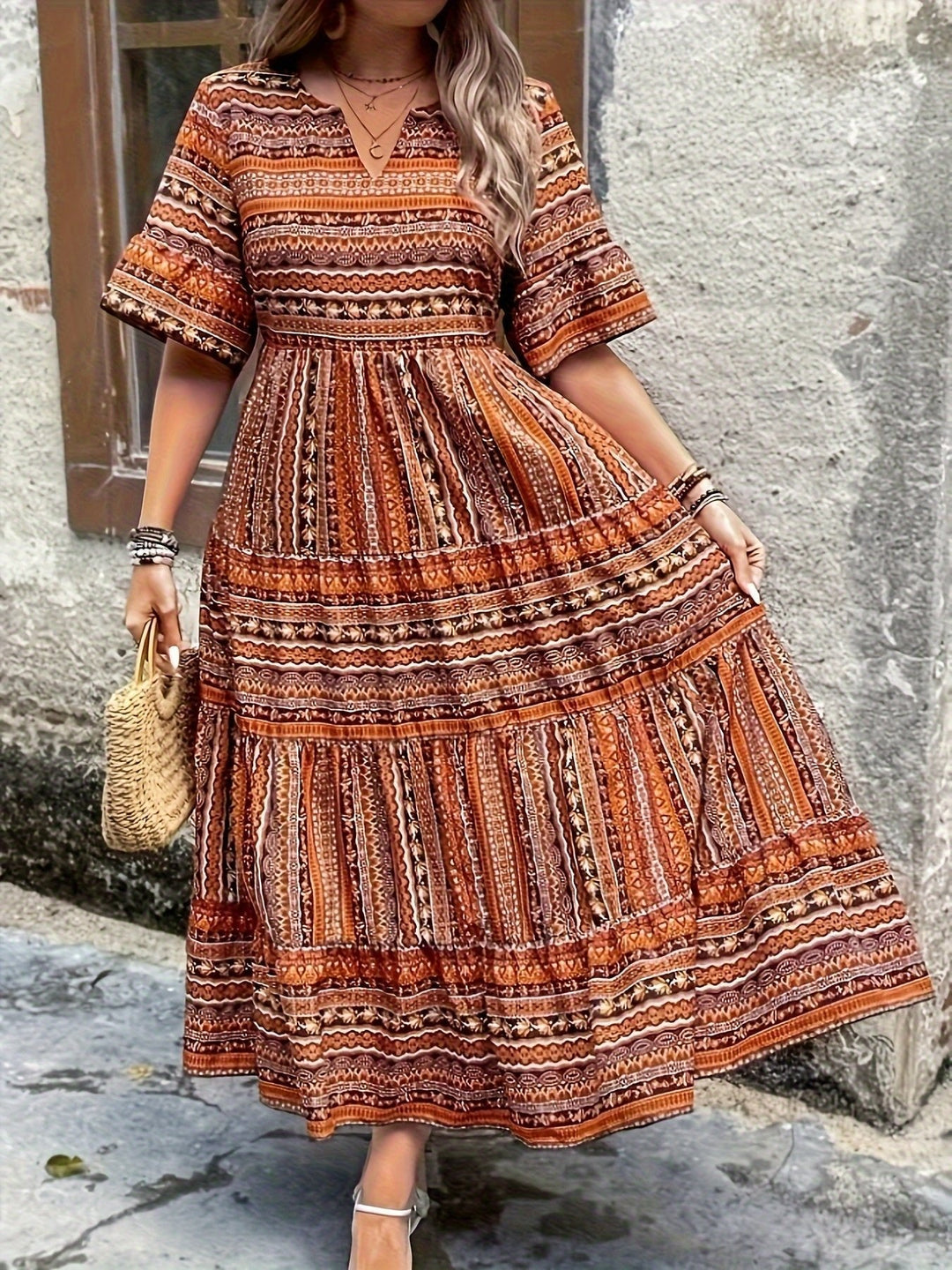 Sophie | Boho Maxi Dress Printed V-Neck 3/4 Sleeve Tiered