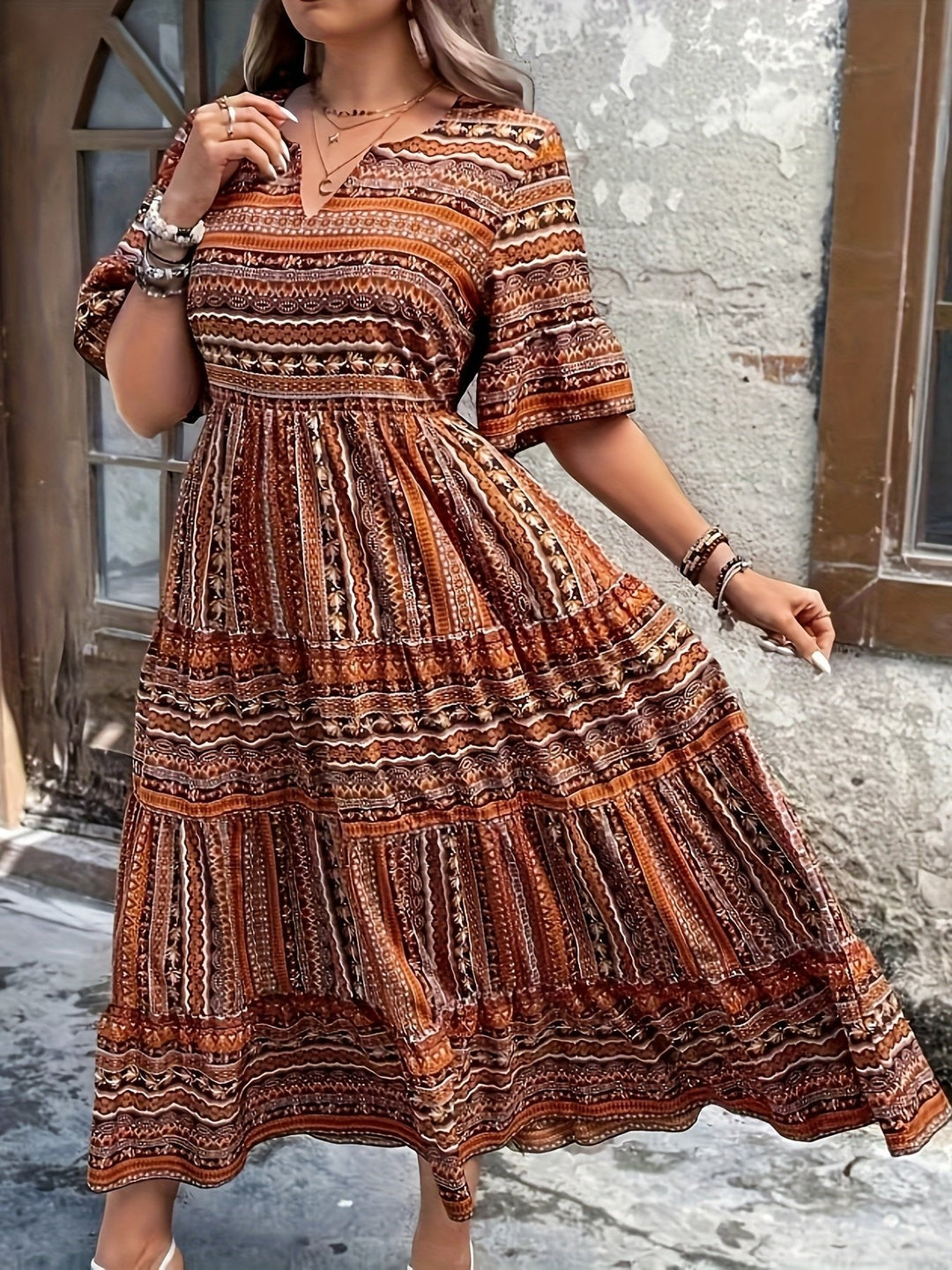 Sophie | Boho Maxi Dress Printed V-Neck 3/4 Sleeve Tiered