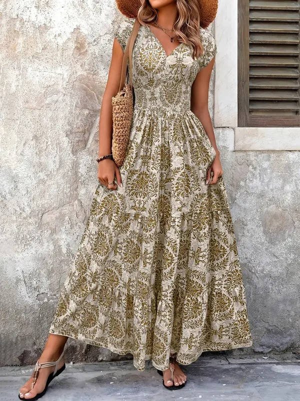 Sophie | Boho Maxi Dress Smocked Waist Tiered V-Neck Cap Sleeve