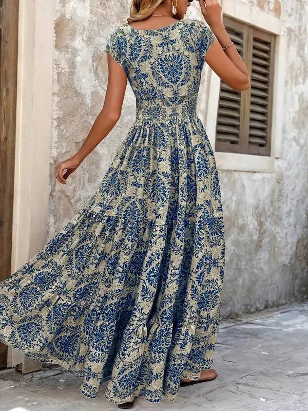 Sophie | Boho Maxi Dress Smocked Waist Tiered V-Neck Cap Sleeve