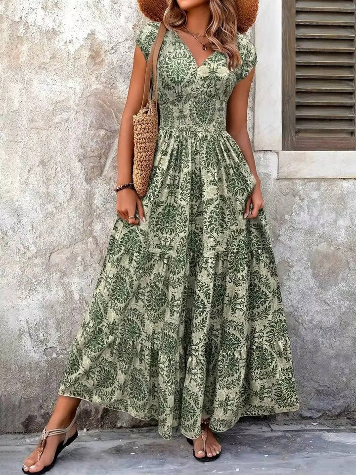 Sophie | Boho Maxi Dress Smocked Waist Tiered V-Neck Cap Sleeve