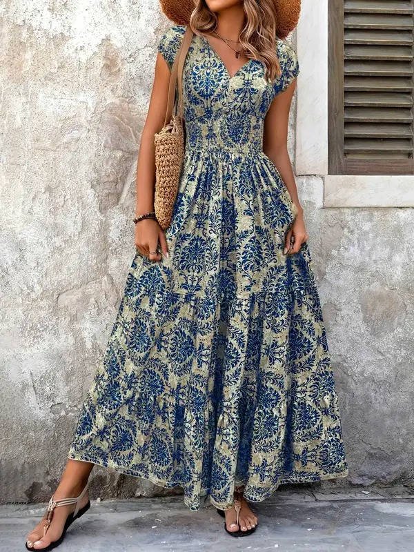 Sophie | Boho Maxi Dress Smocked Waist Tiered V-Neck Cap Sleeve