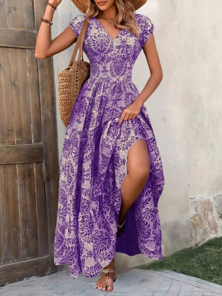 Sophie | Boho Maxi Dress Smocked Waist Tiered V-Neck Cap Sleeve
