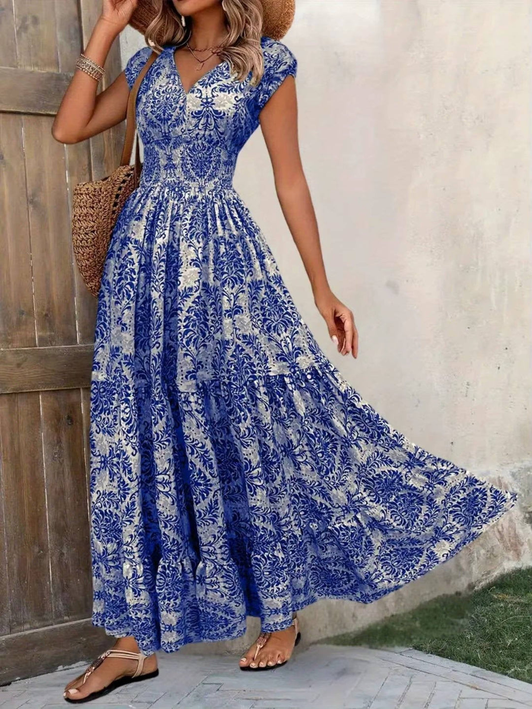 Sophie | Boho Maxi Dress Smocked Waist Tiered V-Neck Cap Sleeve