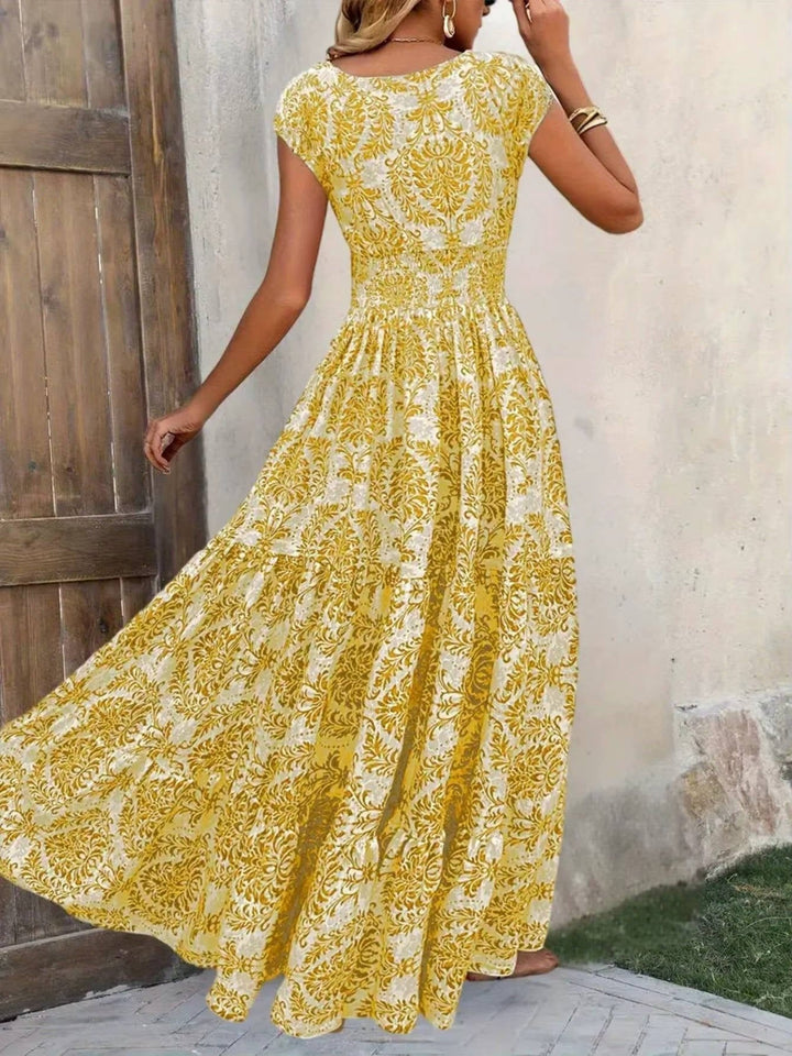 Sophie | Boho Maxi Dress Smocked Waist Tiered V-Neck Cap Sleeve