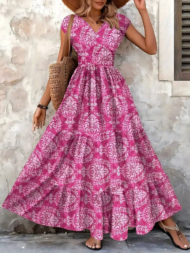 Sophie | Boho Maxi Dress Smocked Waist Tiered V-Neck Cap Sleeve