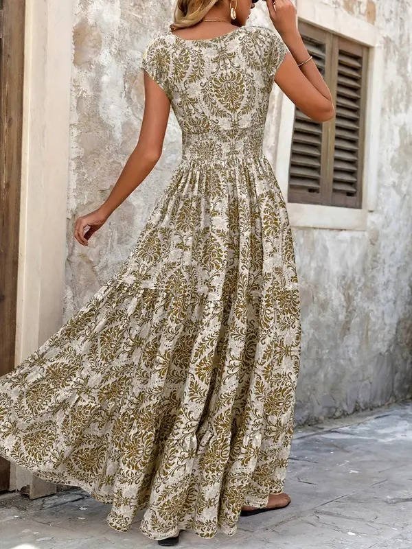 Sophie | Boho Maxi Dress Smocked Waist Tiered V-Neck Cap Sleeve