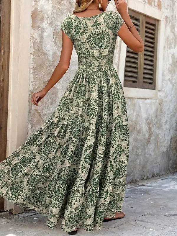 Sophie | Boho Maxi Dress Smocked Waist Tiered V-Neck Cap Sleeve
