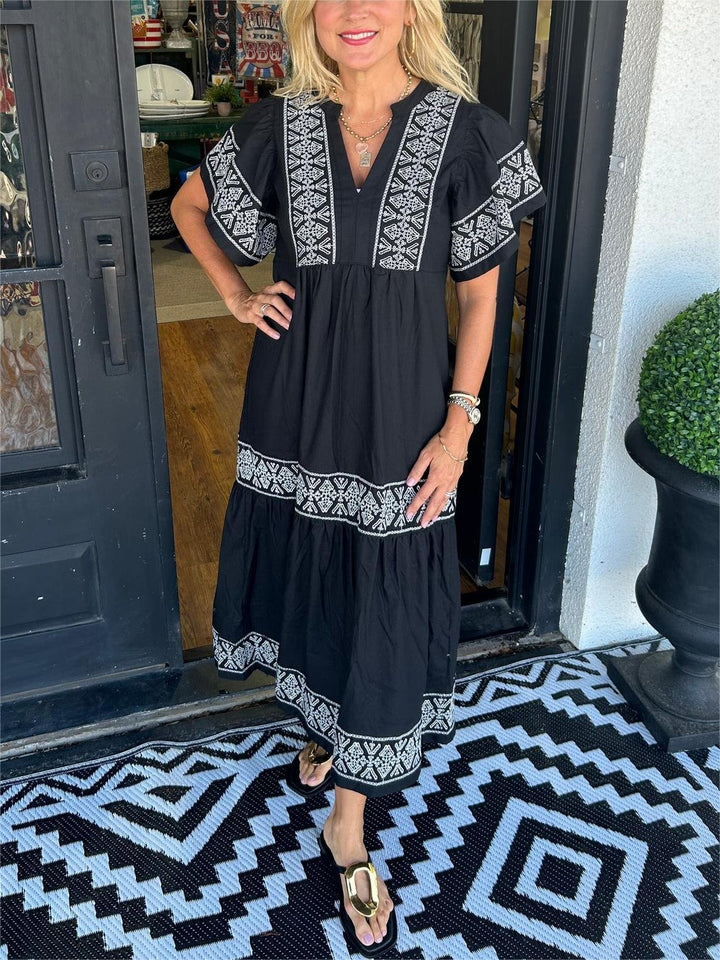 Olivia | Boho Maxi Dress V-Neck Embroidered Tummy Control Flowy