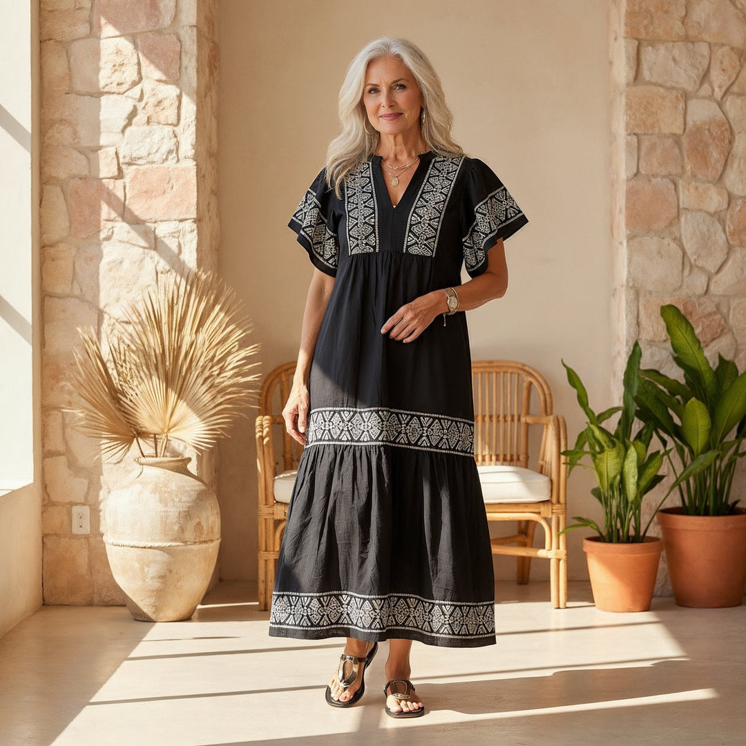 Olivia | Boho Maxi Dress V-Neck Embroidered Tummy Control Flowy
