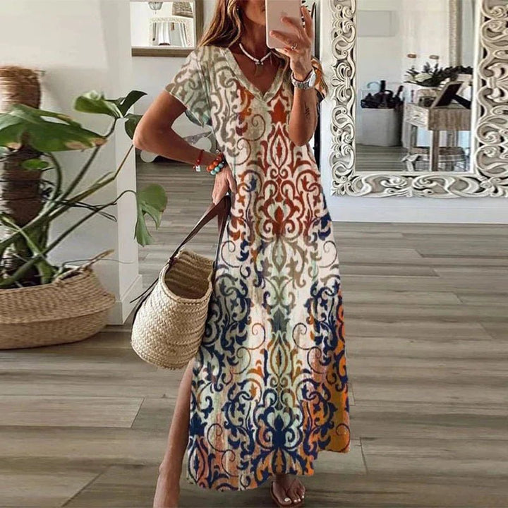 Scarlett | Boho Maxi Dress V-Neck Short Sleeve Side Split Print